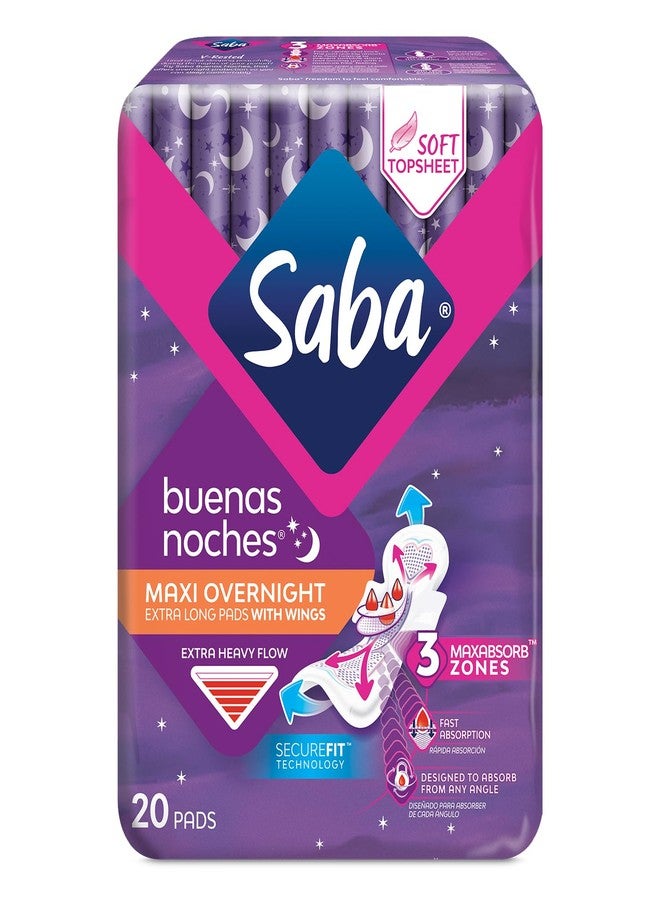 Saba Kombucha Saba Buenas Noches Overnight Maxi Pads with Wings, Built for Absorption Distribution and Protection, 60 Pads 120 Count (6 Packs of 20) - Image 1